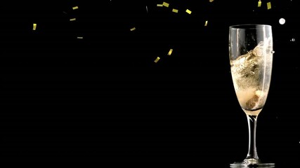 Animation of gold confetti with diamonds and pearls falling champagne glass on black background - Powered by Adobe
