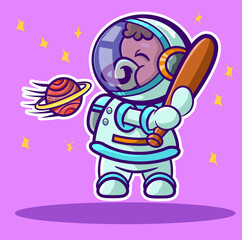 Little Astronaut Happy Ox playing baseball in outer space.
Cute little ox astronaut, happy with life, he hits a planet playing with his colorful vector baseball bat. in outer space.