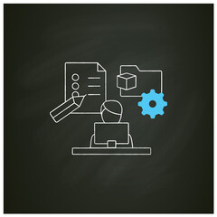Project management chalk icon.Manage all works on laptop. Planning, controlling and closing projects. Talent management concept.Isolated vector illustration on chalkboard