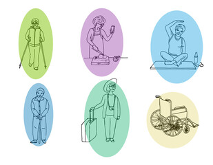 A set of illustrations of cheerful elderly people leading a healthy lifestyle. Pensioners play sports, cook healthy food, travel around the world. The EPS10 vector.