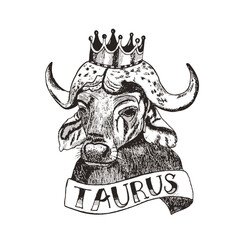 The head of a taurus with a crown and a text. Vintage vector illustration of a bull in black and white style. Zodiac sign Taurus, isolated on a white background.