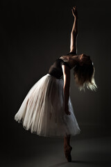 ballerina with a white dress and black top posing on gray background. © Nikola Spasenoski