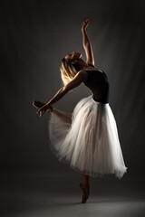 ballerina with a white dress and black top posing on gray background. © Nikola Spasenoski