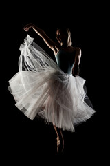 ballerina with a white dress and black top posing on black background © Nikola Spasenoski