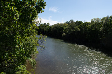 Isar River flowing between trees on a sunny spring day in Munich, Germany