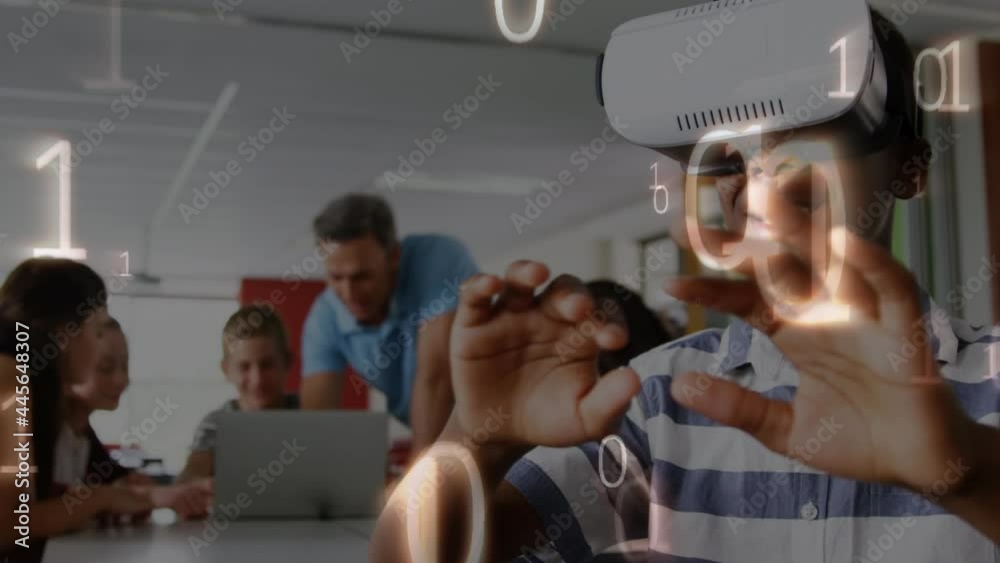 Poster animation of binary coding processing over schoolboy using vr headset
