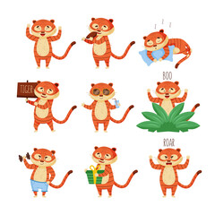 Obraz na płótnie Canvas Cute Tiger Character Doing Different Activities Vector Set