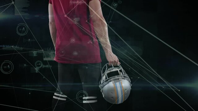 Animation of network of connections over american football player on black background