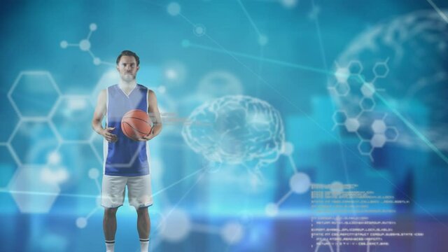 Animation of human brain, data processing, network of connections over basketball player