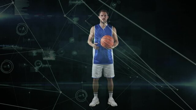 Animation of network of connections and data processing over basketball player on black background