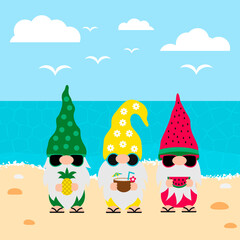 Gnomes on the beach.Cute cartoon characters on vacations. Vector template for banner, poster, greeting card, etc