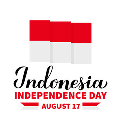 Happy Indonesia Independence Day calligraphy lettering with flag. National holiday celebrated on August 17. Vector template for typography poster, banner, greeting card, flyer