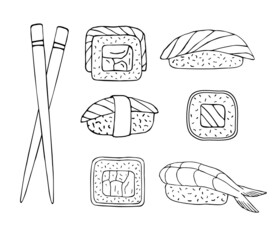 Vector set bundle of hand drawn doodle sketch sushi roll isolated on white background
