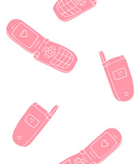 Vector seamless pattern of hand drawn doodle sketch pink retro mobile phone isolated on white background