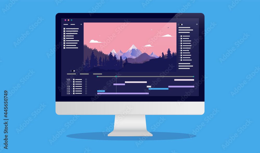 Poster Video software - Vector illustration of desktop computer with movie editing application on screen. Videography concept.