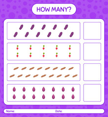 How many counting game with vegetables. worksheet for preschool kids, kids activity sheet, printable worksheet