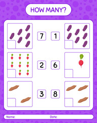 How many counting game with vegetables. worksheet for preschool kids, kids activity sheet, printable worksheet