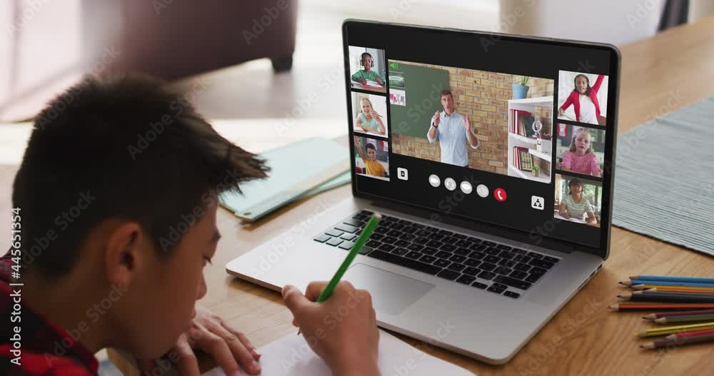 Sticker Composite of boy using laptop for online lesson at home, with diverse teacher and class on screen