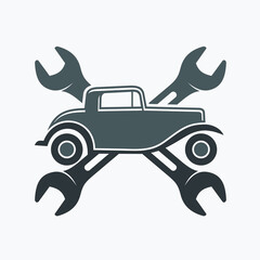 classic car and wrench, icon for antique car mechanic.