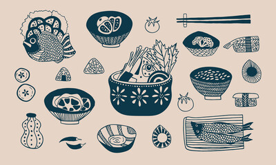 Set of vector images of Japanese food. Sushi, fish, rice, soup. Blue on a beige background. Hand drawing. Illustration