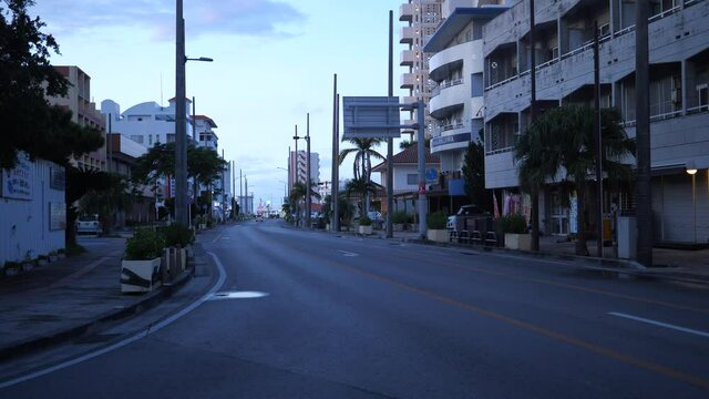 Okinawa,Japan - July 15, 2021: Early summer morning at 730 intersection in Ishigaki island, Okinawa, Japan
