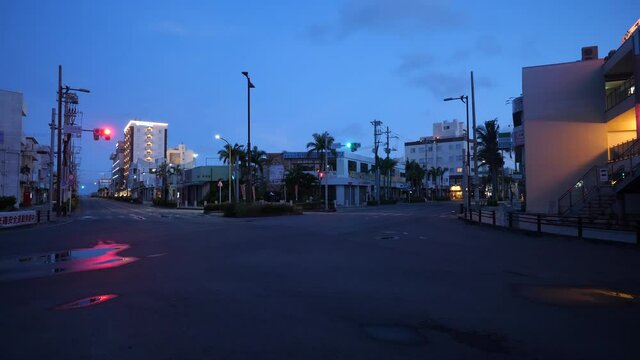 Okinawa,Japan - July 15, 2021: Early summer morning at 730 intersection in Ishigaki island, Okinawa, Japan
