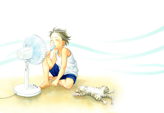 A Boy And A Cat Cooling Down Their Body In Front Of A Electric Fan (with A Background Image Of Blowing Wind)