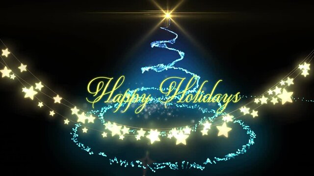 Animation of happy christmas text with christmas tree and glowing strings of fairy lights