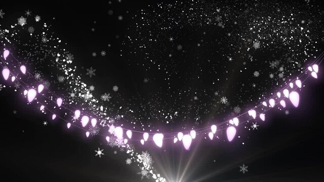 Animation of glowing strings of fairy lights and glittering shooting star and snowflakes