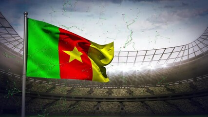 Animation of network of connections over flag of cameroon and sports stadium - Powered by Adobe