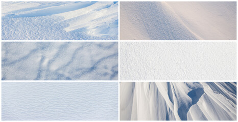 Set of snow textures. Collection of panoramic winter backgrounds with snowy ground. Beautiful wide panoramas with natural textures of clean fresh snow and wind-sculpted patterns on a snowy surface.