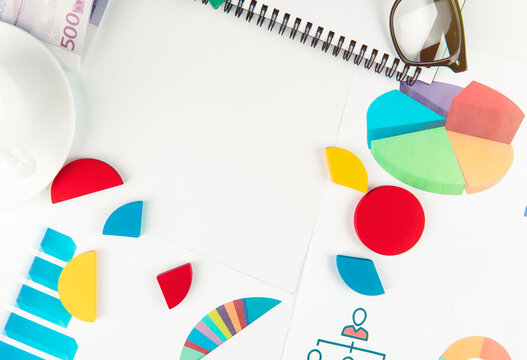 3d strategy elements on the desk from above. Business concept. 