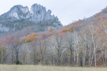 Seneca Rocks in West Virginia on a chilly November day with autumnal colors lingering in the trees