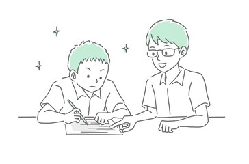 勉強をする男子学生と勉強を教える男性教師