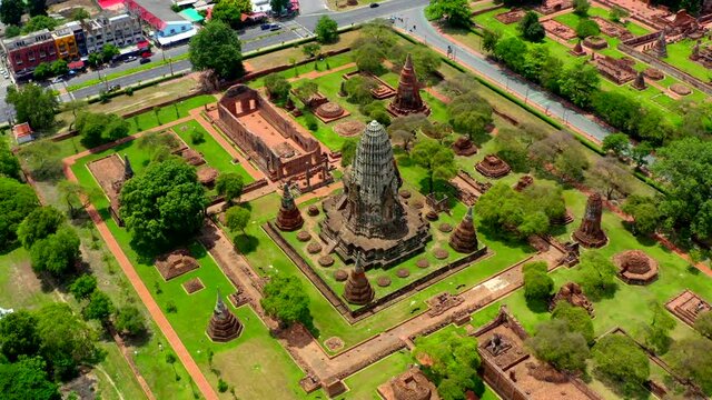 Aerial view of Ayutthaya temple, Wat Ratchaburana, empty during covid, in Phra Nakhon Si Ayutthaya, Historic City in Thailand