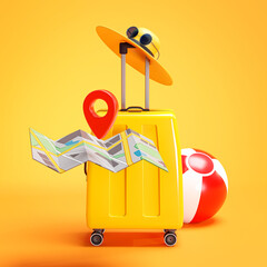 Travel Holiday Concept. Yellow Suitcase Pin Point Map Hat 3D Rendering © natanaelginting