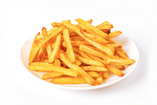 French fries on white plate on white background