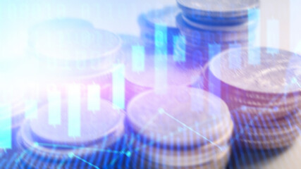 Blur Double exposure of light and stack of coins for finance and banking concept, coins stacked background, copy space for texting, blurred background.