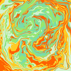 Fluid art texture. Abstract background with swirling paint effect. Liquid acrylic picture that flows and splashes. Mixed paints for interior poster. yellow, orange and blue overflowing colors