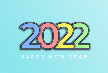 Happy New Year 2022 greeting card with a piece of paper. Vector pattern decoration of confetti multilayer color figures with blue background