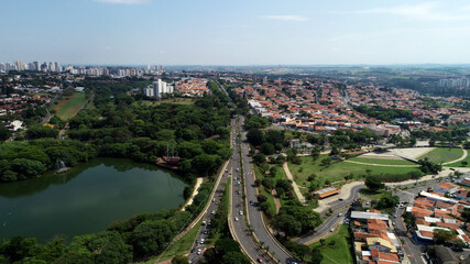 Aerial drone images from the Taquaral park in Campinas, São Paulo. With a view to Cambuí.