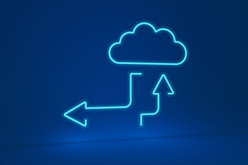 Neon cloud shape with up and down arrows. 3d illustration.