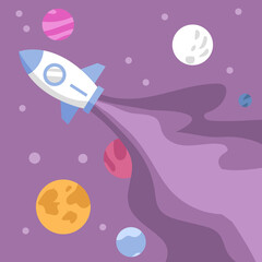 Rocket flying in space with many planets. purple background. moon, star, satellite. science, technology, astronomy themes. flat vector illustration