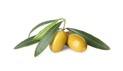 Ripe raw green olives with leaves on white background