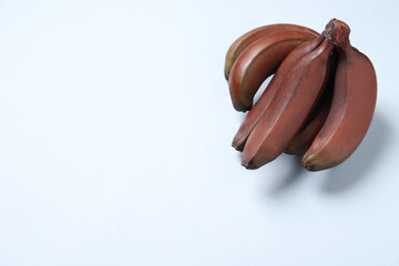 Tasty red baby bananas on light background, top view. Space for text