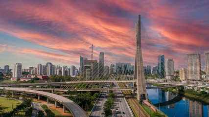 Estaiada's bridge aerial view. São Paulo, Brazil. Business center. Financial Center. Famous cable...