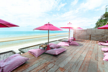 Tropical beach background as summer landscape with beach and white sand and calm sea for Perfect beach scene vacation and summer holiday concept. 