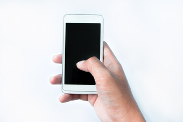 Close up blank screen mobile phone in male hand