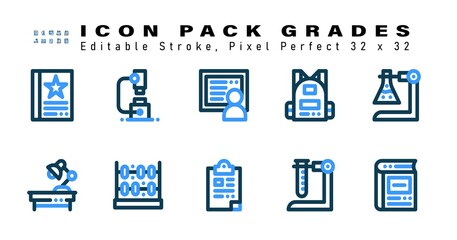 Icon Set of Grades Two Color Icons. Contains such Icons as Flask, Side Table, Abacus, Clipboard etc. Editable Stroke. 32 x 32 Pixel Perfect