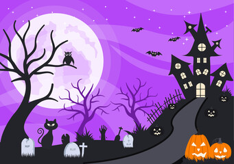 Halloween Night Party Landing Page Illustration With Witch, Haunted House, Pumpkins, Bats and Full Moon. For Background, Banner, Wallpaper, or Brochure